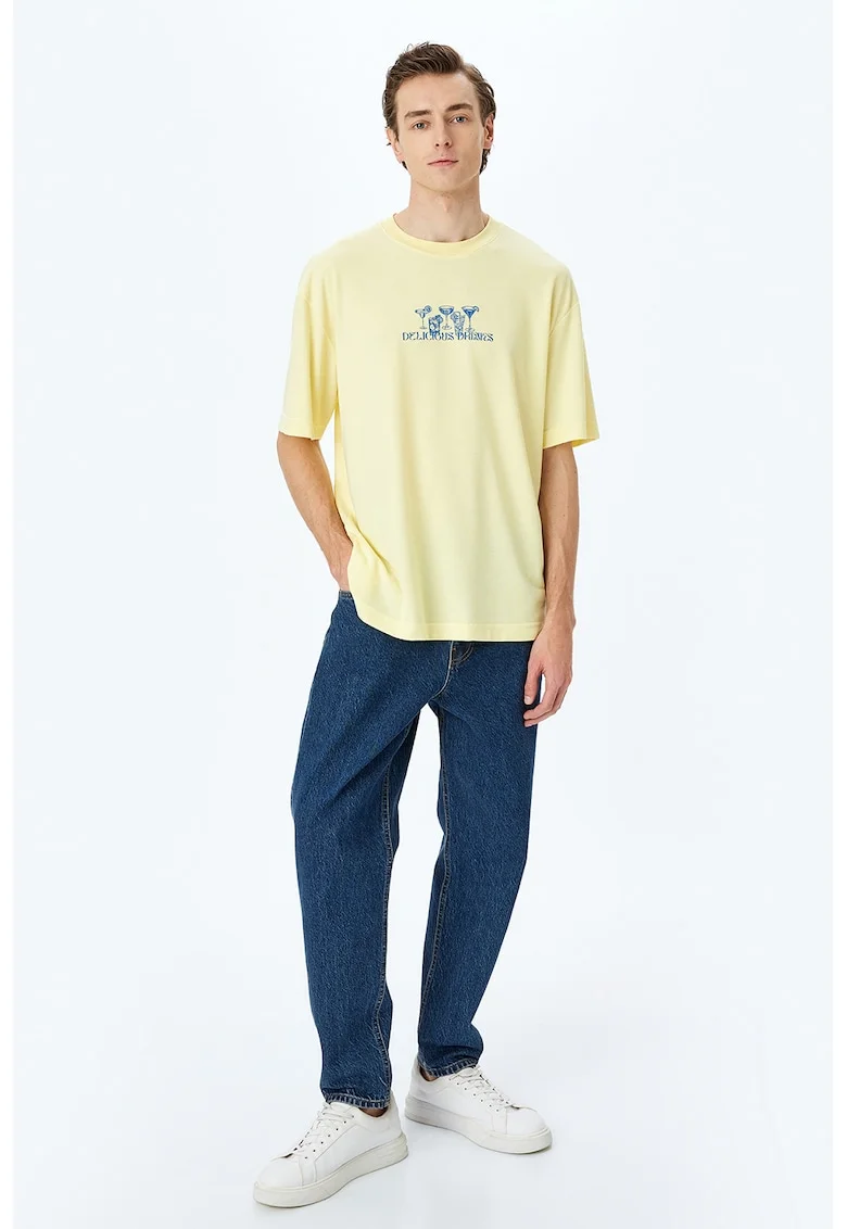 Tricou cu imprimeu text pe partea din spate, Galben pai/Albastru royal