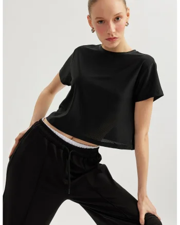 Tricou crop cu maneci cazute, Negru