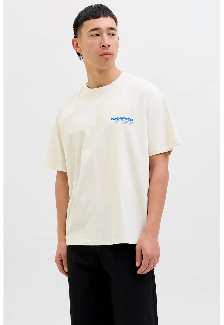 Tricou cu decolteu la baza gatului si imprimeu pe partea din spate, Alb murdar/Roz/Albastru