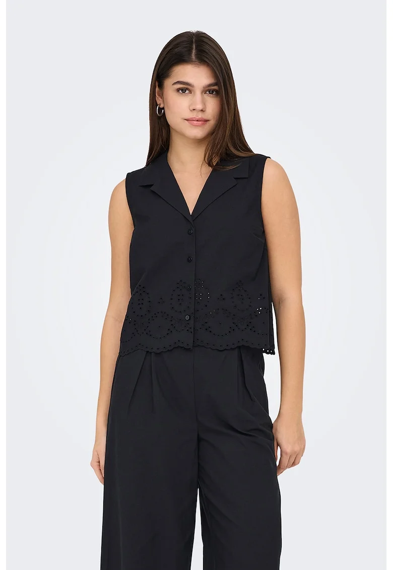 Camasa cu broderie, fara maneci, Negru