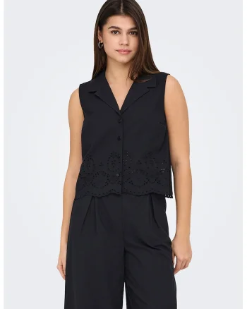 Camasa cu broderie, fara maneci, Negru