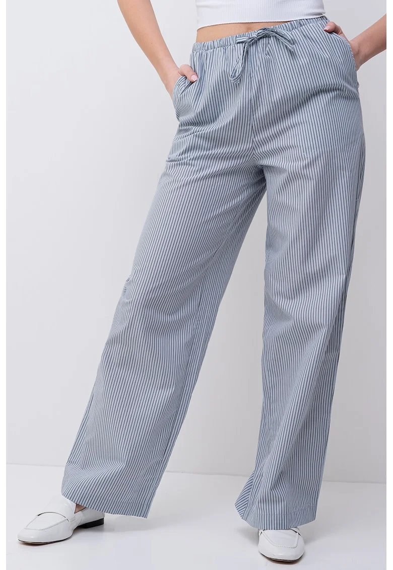Pantaloni in dungi cy snur in talie, Albastru deschis/Gri inchis