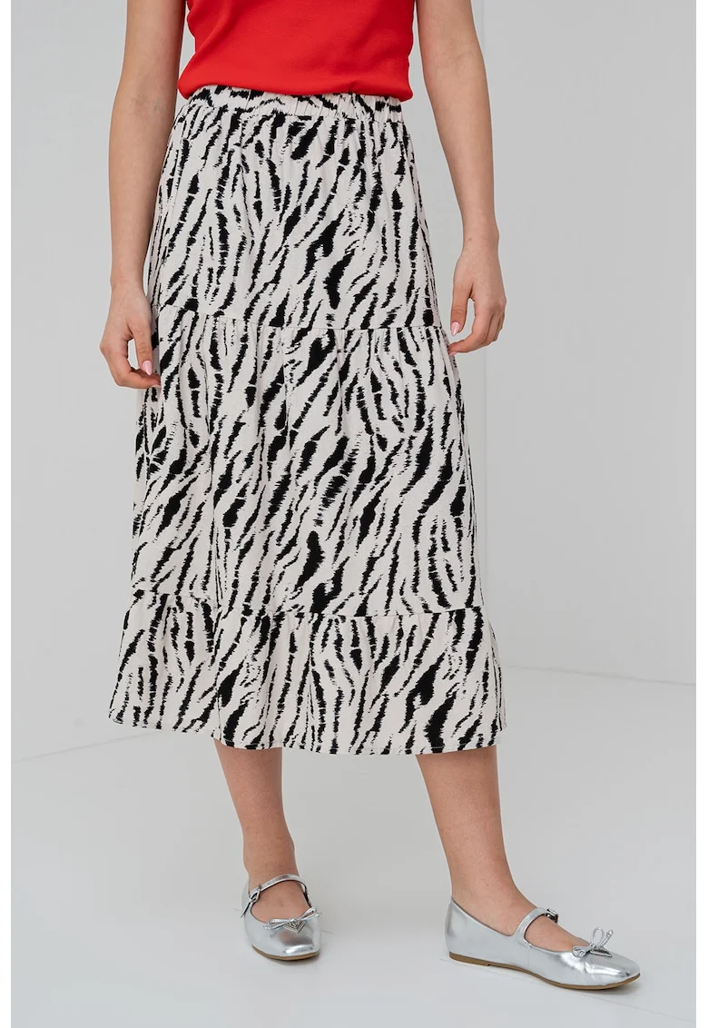 Fusta lunga cu animal print si talie elastica, Alb fildes/Negru
