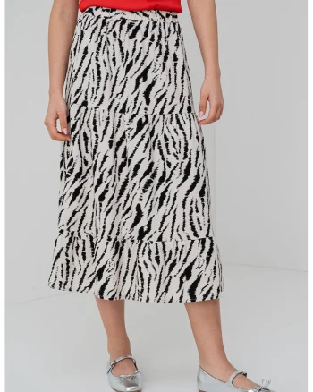 Fusta lunga cu animal print si talie elastica, Alb fildes/Negru