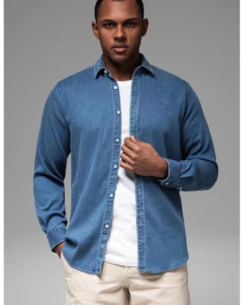 Camasa din material chambray cu maneci lungi, Albastru