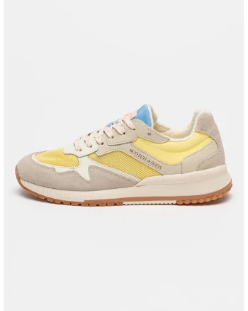 Pantofi sport colorblock de piele si piele intoarsa cu insertii de plasa, Albastru pastel/Gri deschis/Galben pal