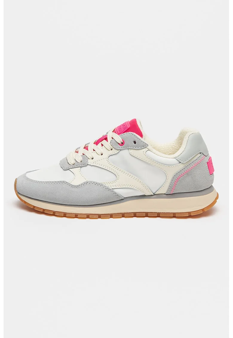 Pantofi sport de piele si piele intoarsa cu logo, Alb/Fucsia/Gri cenusiu