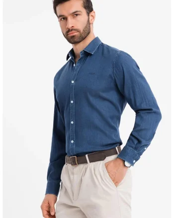 Camasa din material chambray cu maneci lungi, Albastru inchis