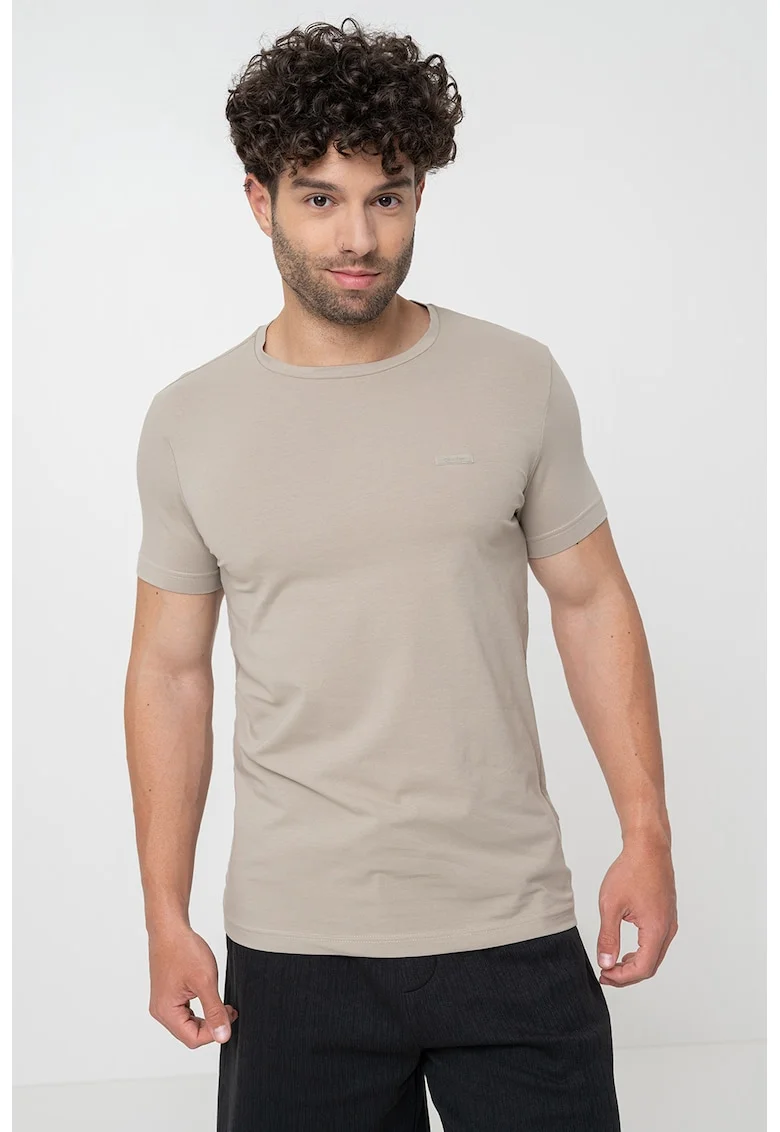 Tricou slim fit cu decolteu la baza gatului, Verde sparanghel