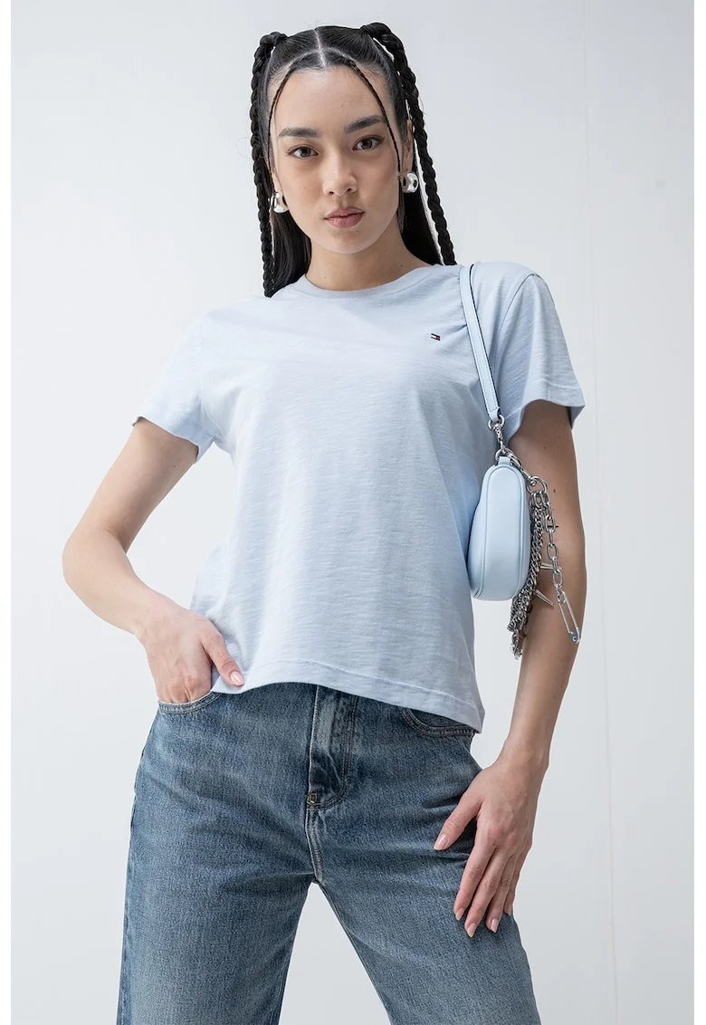 Tricou de bumbac organic cu decolteu la baza gatului, Albastru lavanda