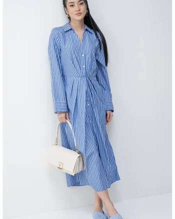 Rochie-camasa maxi cu dungi, Alb/Albastru
