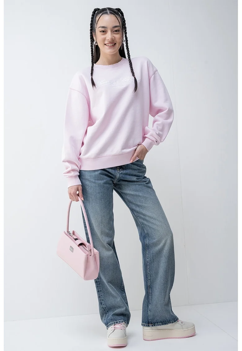 Bluza de trening cu maneci cazute, Alb/Roz pastel