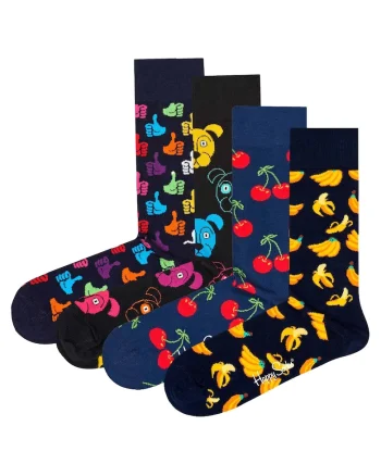 Set de sosete unisex cu model - 4 perechi, Rosu/Negru/Galben