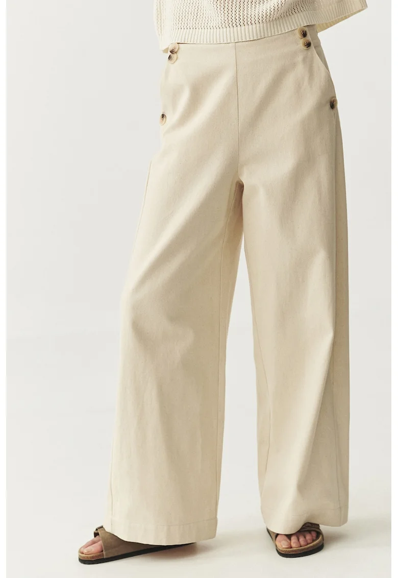 Pantaloni drepti din bumbac cu talie medie, Crem