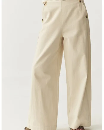 Pantaloni drepti din bumbac cu talie medie, Crem