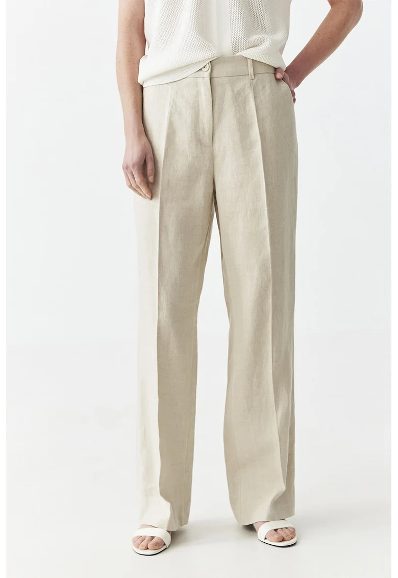 Pantaloni din in cu buzunare laterale, Maro nisip