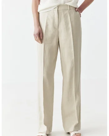 Pantaloni din in cu buzunare laterale, Maro nisip