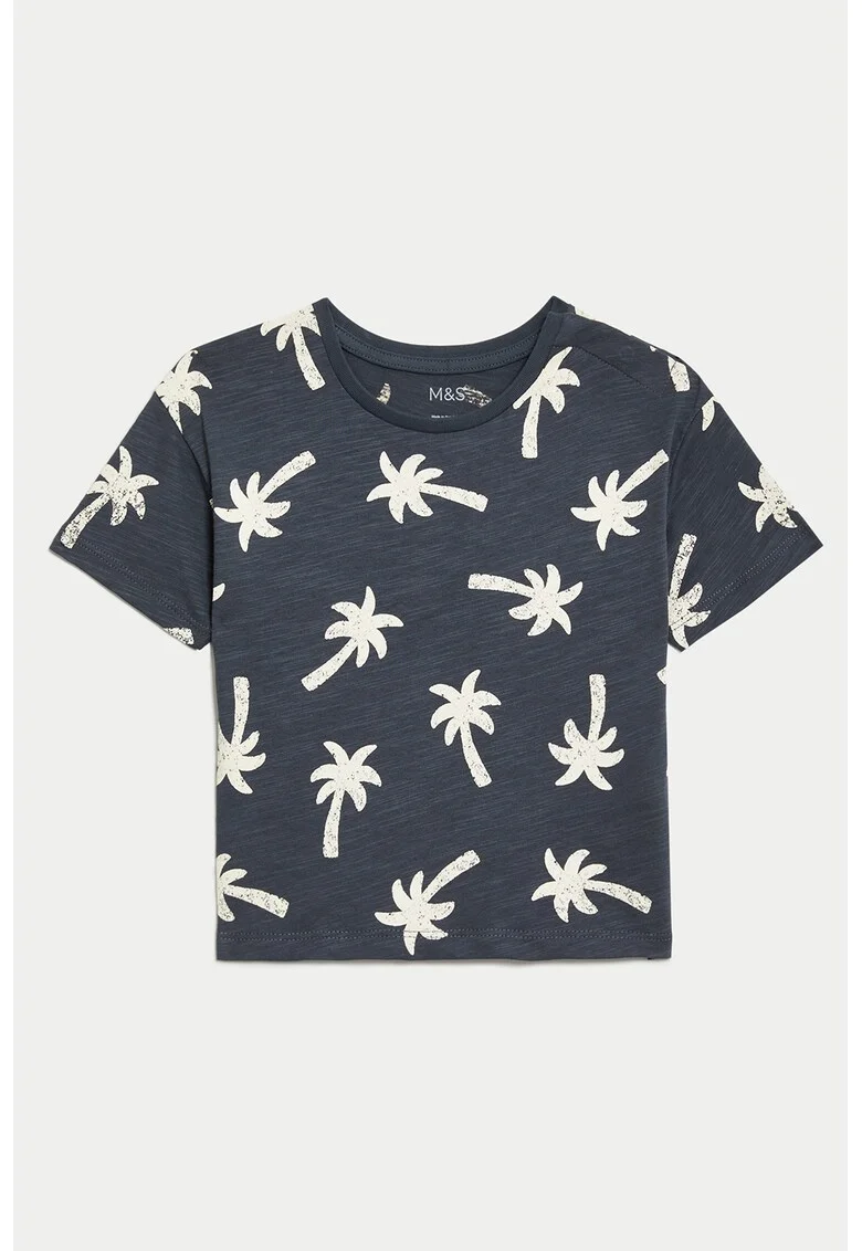 Tricou cu model tropical si decolteu la baza gatului, Alb murdar/Bleumarin