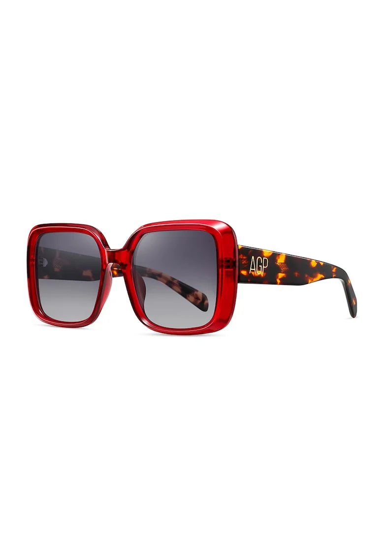 Ochelari de soare patrati cu lentile polarizate, Negru/Rosu vermillion