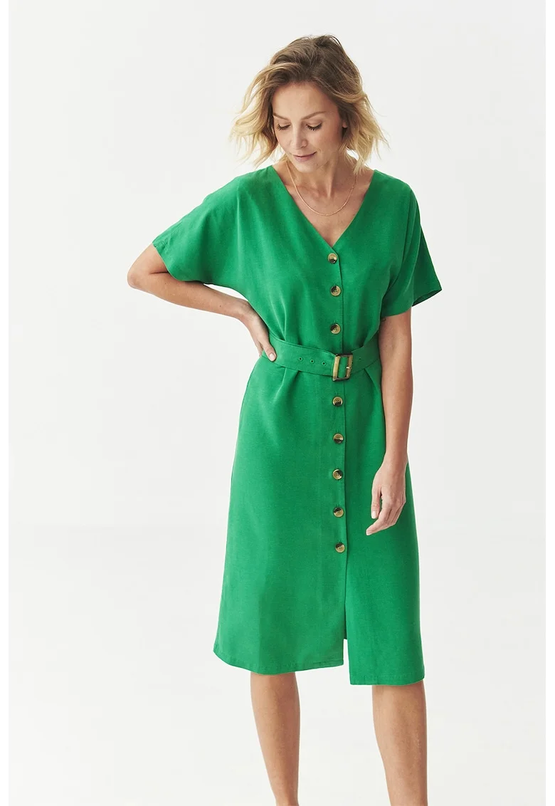 Rochie midi cu croiala dreapta si decolteu in V, Verde