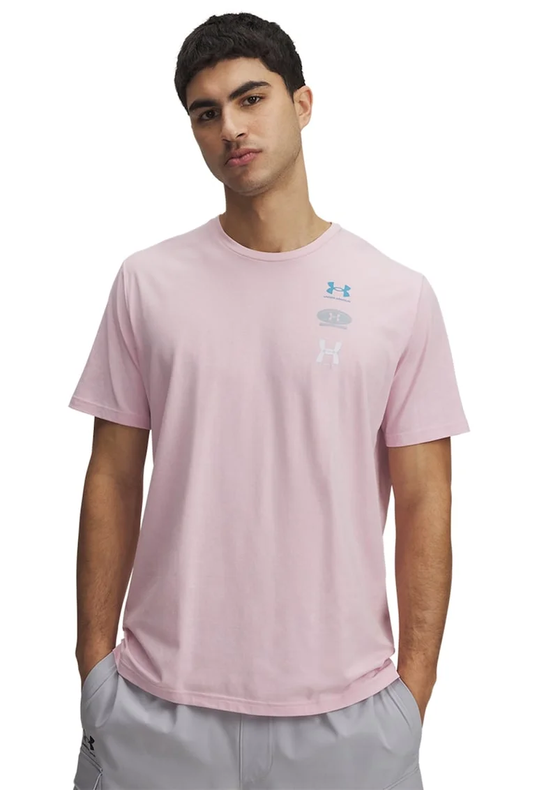 Tricou din amestec de bumbac cu decolteu la baza gatului si logo, Roz/Albastru