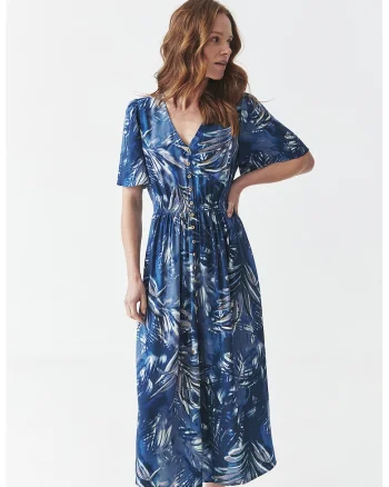 Rochie cu decolteu in V si imprimeu, Alb/Bleumarin