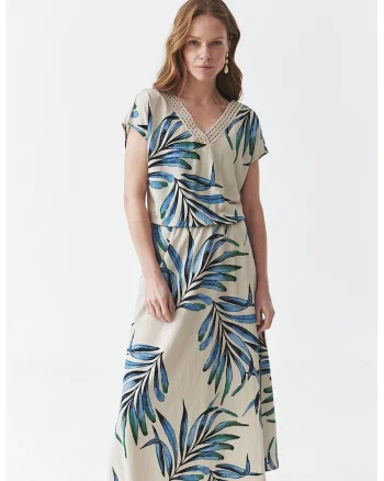 Rochie cu decolteu in V si model, Albastru/Bej deschis