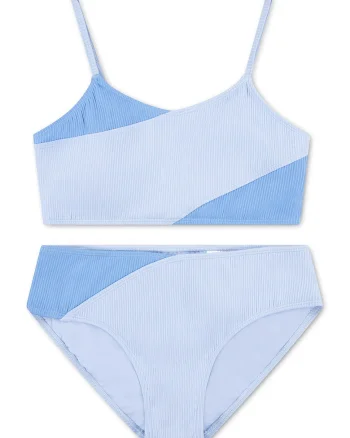 Costum de baie din doua piese cu striatii, Albastru azur/Albastru deschis