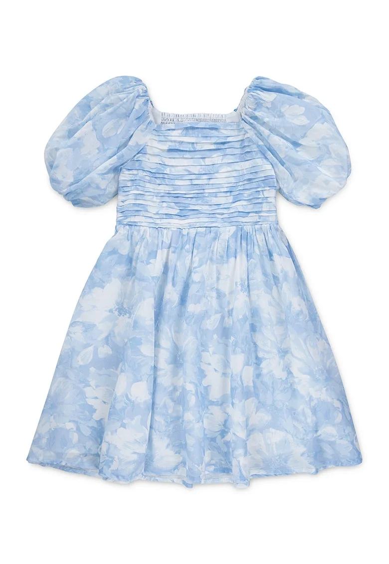 Rochie cu maneci bufante si imprimeu floral, Albastru pastel/Albastru pal