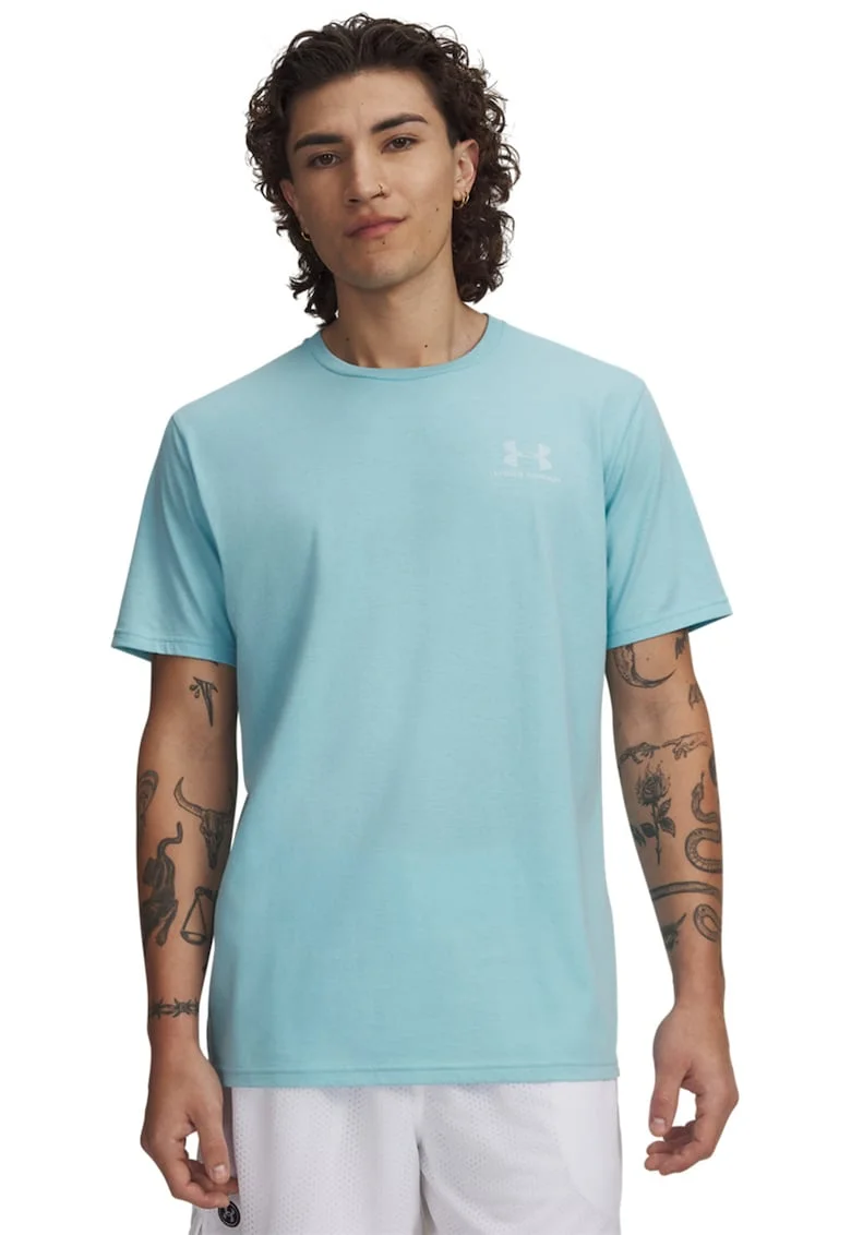 Tricou cu decolteu la baza gatului si logo, Alb/Albastru pastel