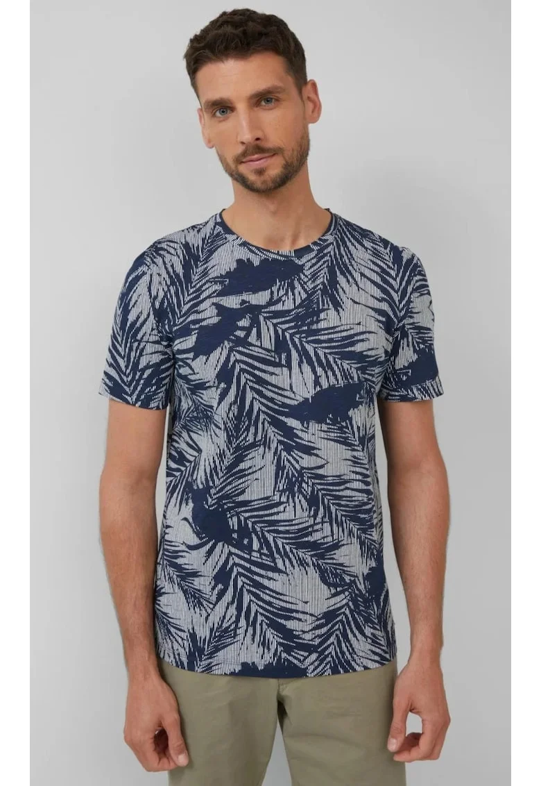 Tricou barbati cu imprimeu cu frunze de palmier, Regular Fit, Bleumarin,