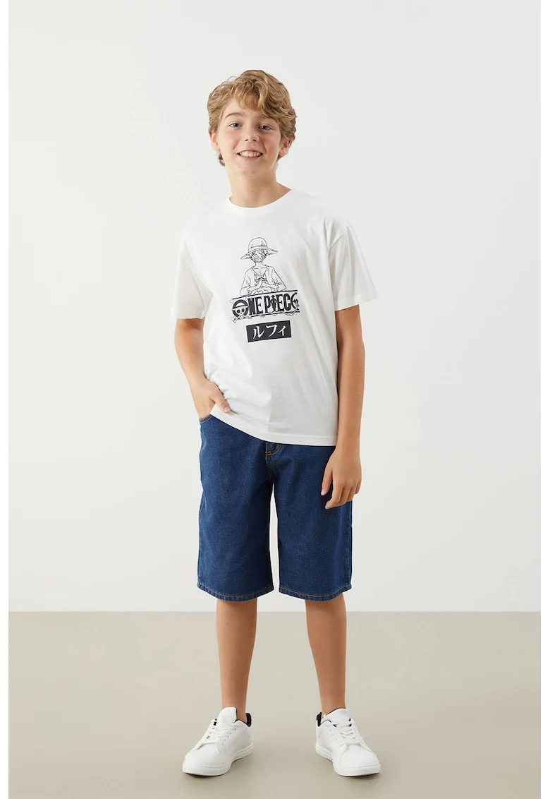 Tricou cu decolteu la baza gatului si imprimeu grafic, Negru/Alb murdar