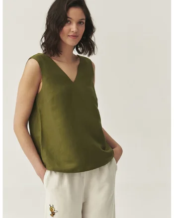 Bluza din amestec de in cu decolteu in V, Verde masliniu