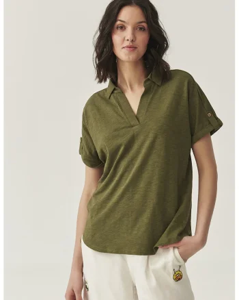 Tricou polo cu decolteu in V, Verde inchis