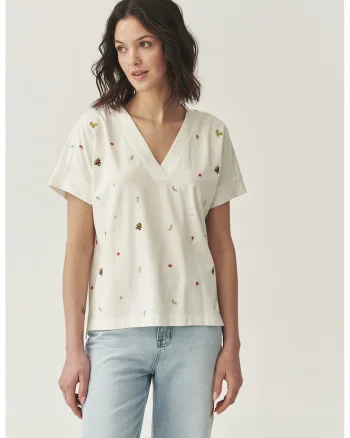 Bluza cu decolteu in V, Rosu/Alb