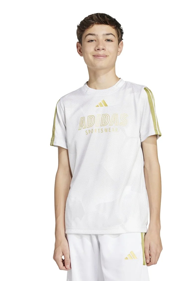 Tricou cu decolteu la baza gatului si imprimeu logo, Auriu/Alb optic