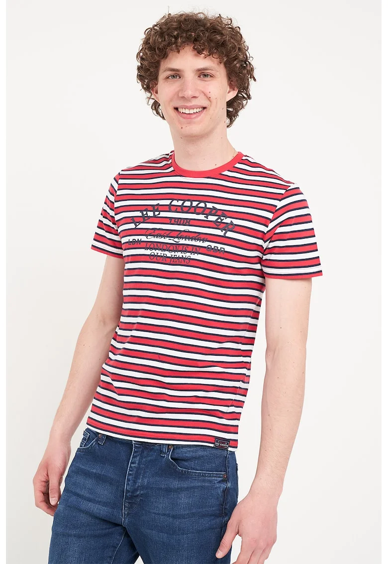 Tricou cu decolteu la baza gatului si model in dungi, Rosu
