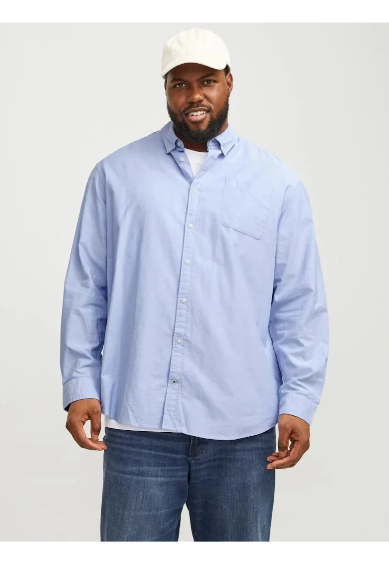 Plus Camasa casual barbati big sizes, din bumbac organic, Bleumarin inchis, Albastru