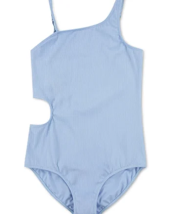 Costum de baie intreg cu decupaj lateral si striatii, Albastru deschis