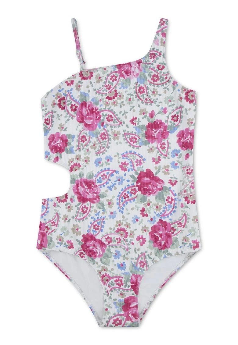 Costum de baie intreg cu decupaj lateral si striatii, Roz zmeuriu/Bej deschis