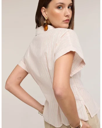 Camasa cambrata cu dungi, Alb/Auriu/Roz pastel