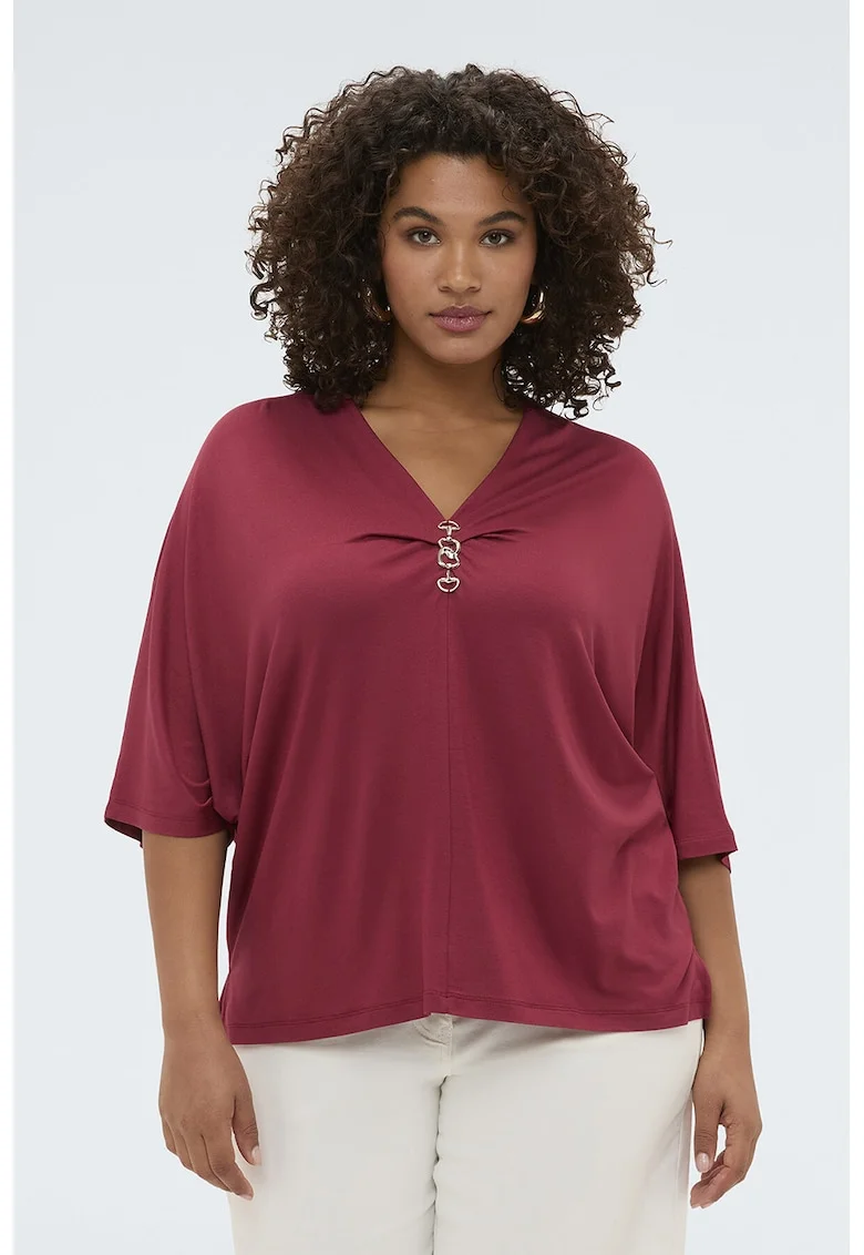 Bluza de satin cu decolteu in V si maneci medii, Rosu inchis