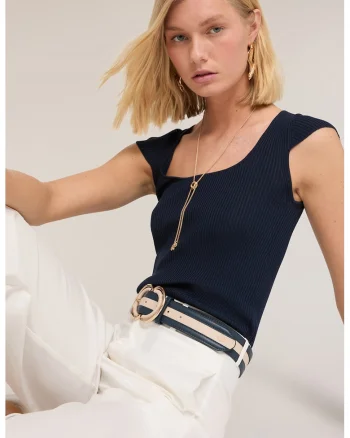 Bluza slim fit cu decolteu patrat, Bleumarin