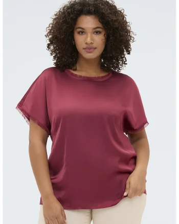 Bluza de satin cu maneci scurte, Roz zmeuriu