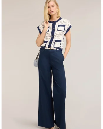 Pantaloni evazati de bumbac cu talie inalta, Bleumarin