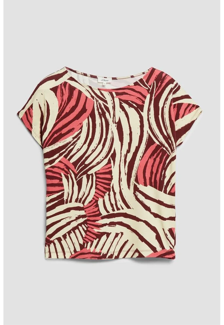 Tricou cu decolteu rotund si imprimeu, Visiniu/Roz/Crem