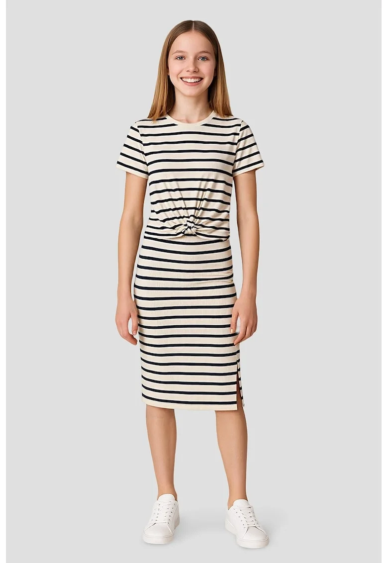 Tricou cu model in dungi si detaliu cu nod frontal, Negru/Alb murdar
