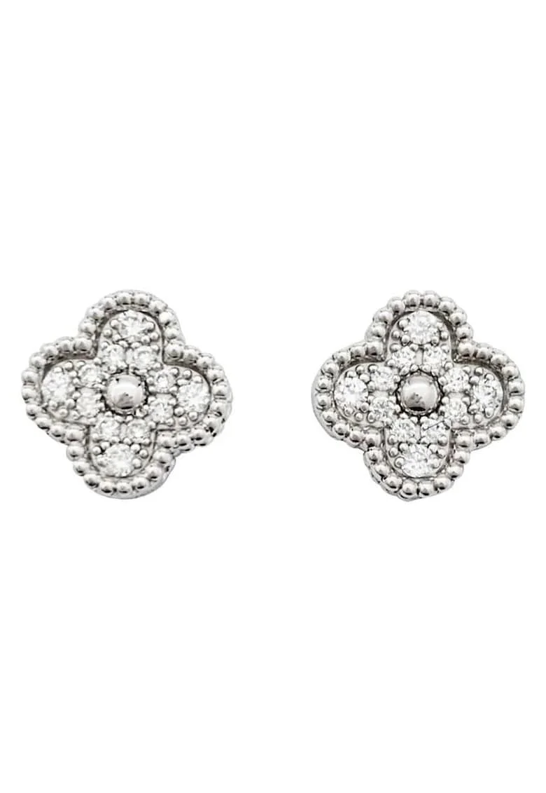 Cercei argintii, din otel inoxidabil, suflati cu aur 18k, forma de trifoi, cu zirconii, Celestia C3