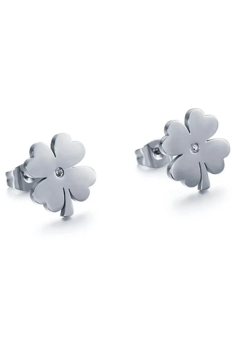 Cercei Dalia C3, argintii, inox suflat cu aur 18k, trifoi, 1.3x1.2cm