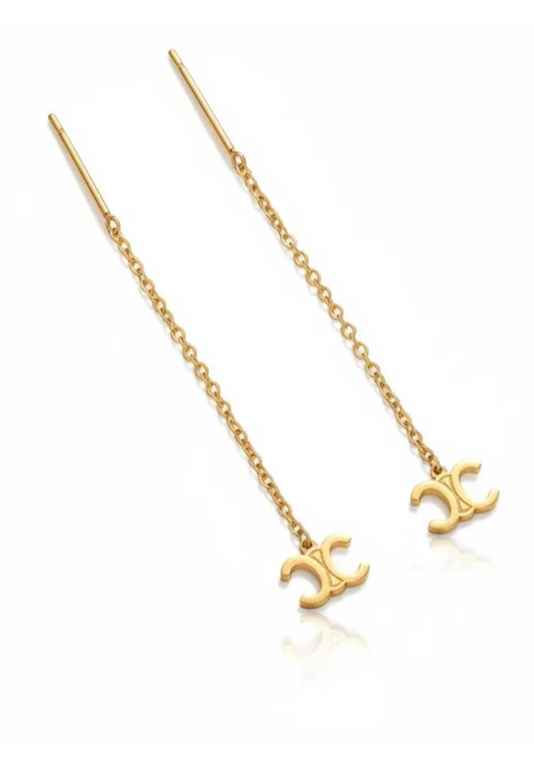 Cercei aurii,  lungime 7.5cm, inox suflat cu aur 18k, hipoalergenic